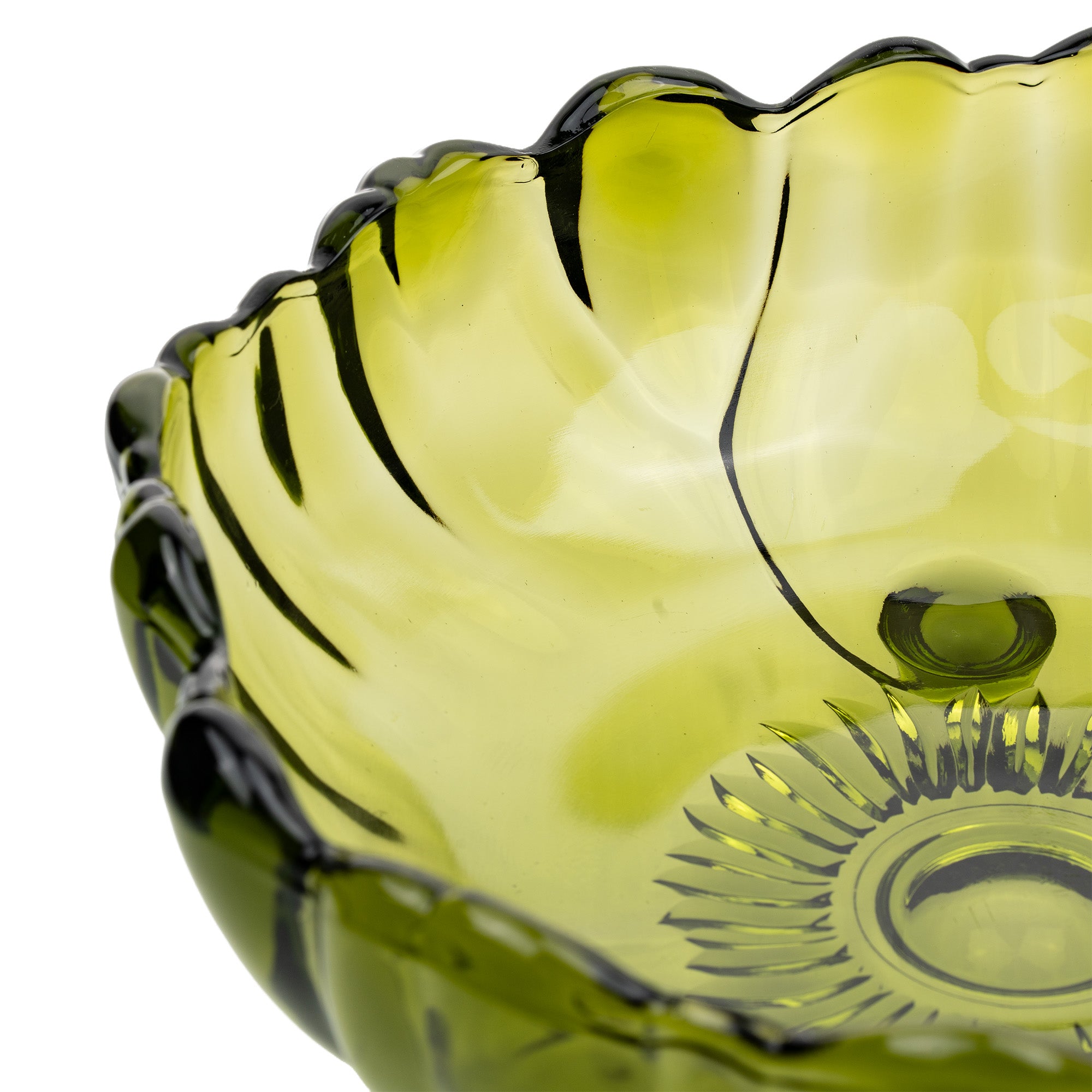 Indiana Glass Sunflower Footed Bowl - Olive Green Scalloped Rim