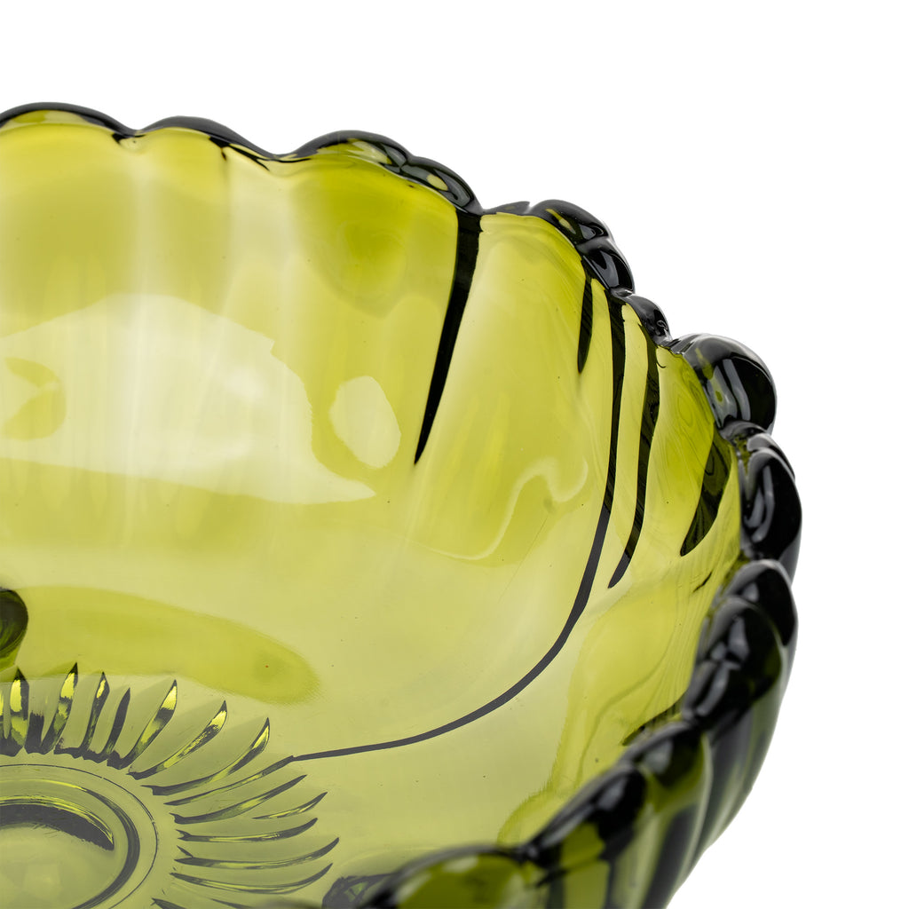 Indiana Glass Sunflower Footed Bowl - Olive Green Scalloped Rim