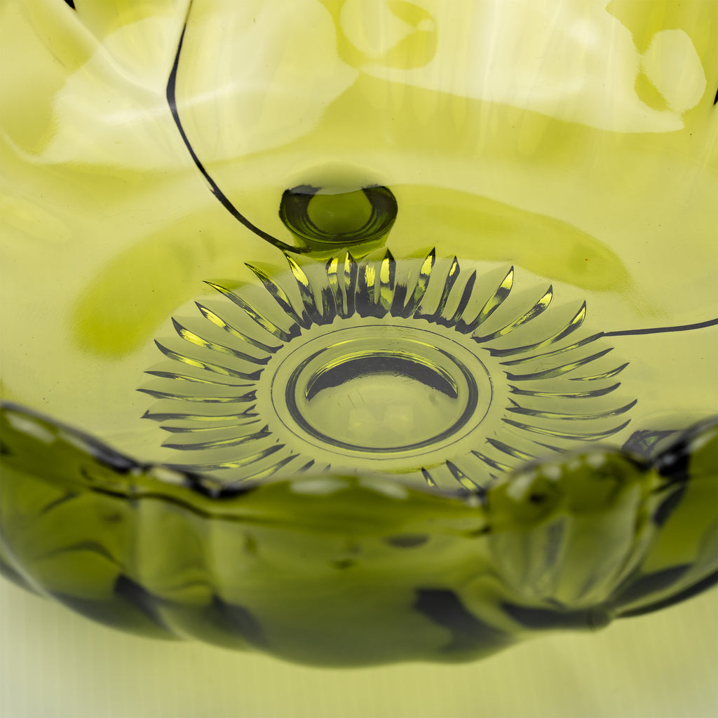 Indiana Glass Sunflower Footed Bowl - Olive Green Scalloped Rim