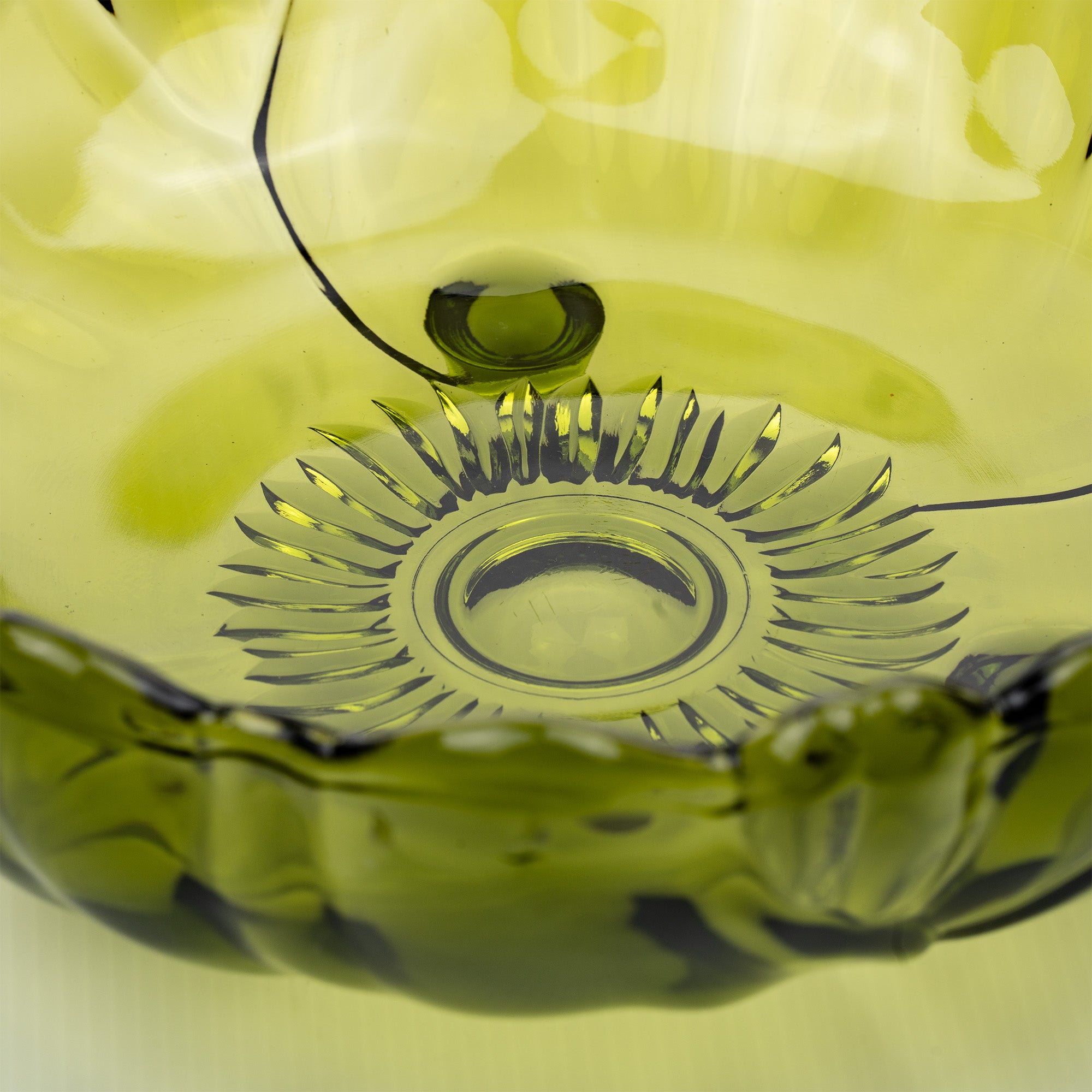 Indiana Glass Sunflower Footed Bowl - Olive Green Scalloped Rim