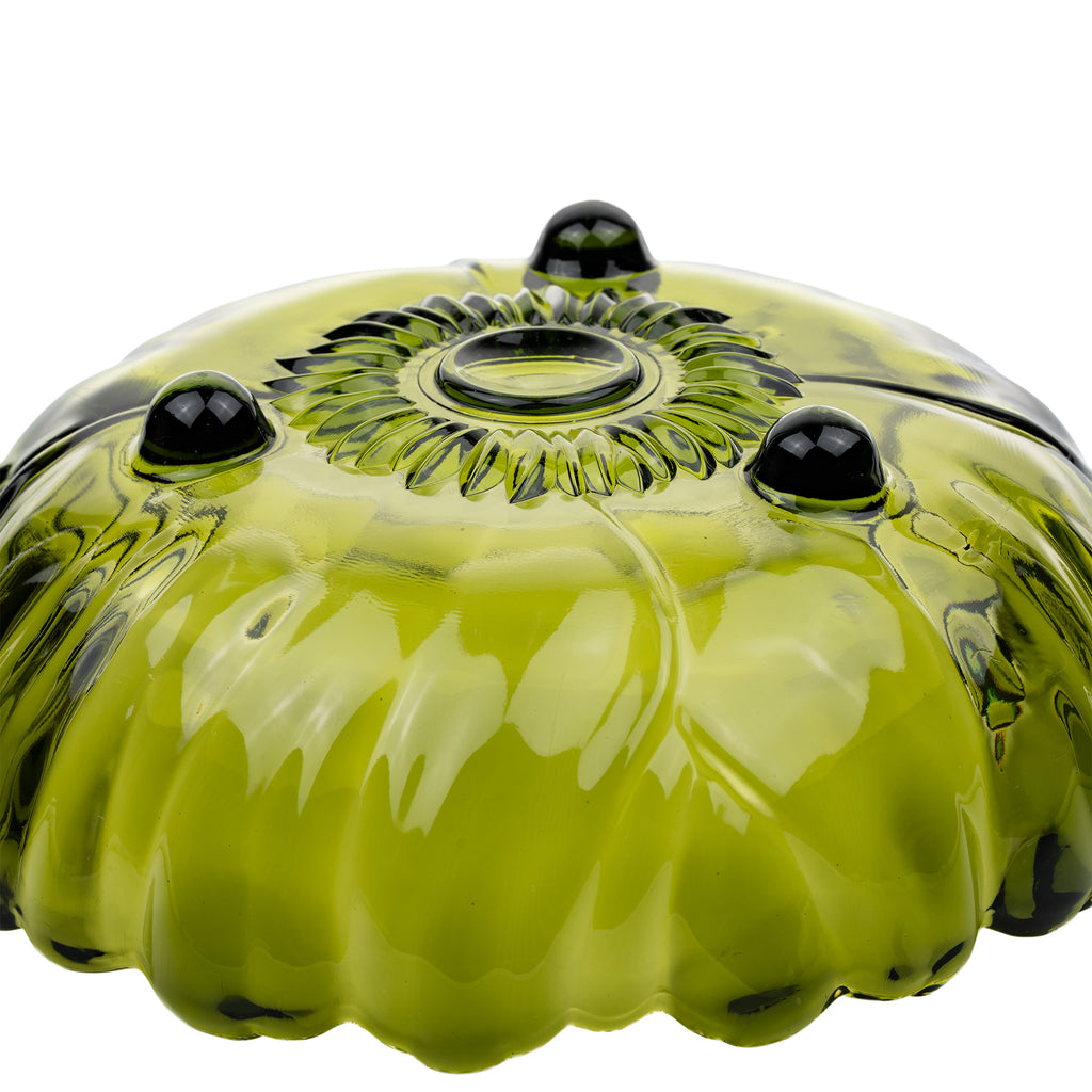 Indiana Glass Sunflower Footed Bowl - Olive Green Scalloped Rim