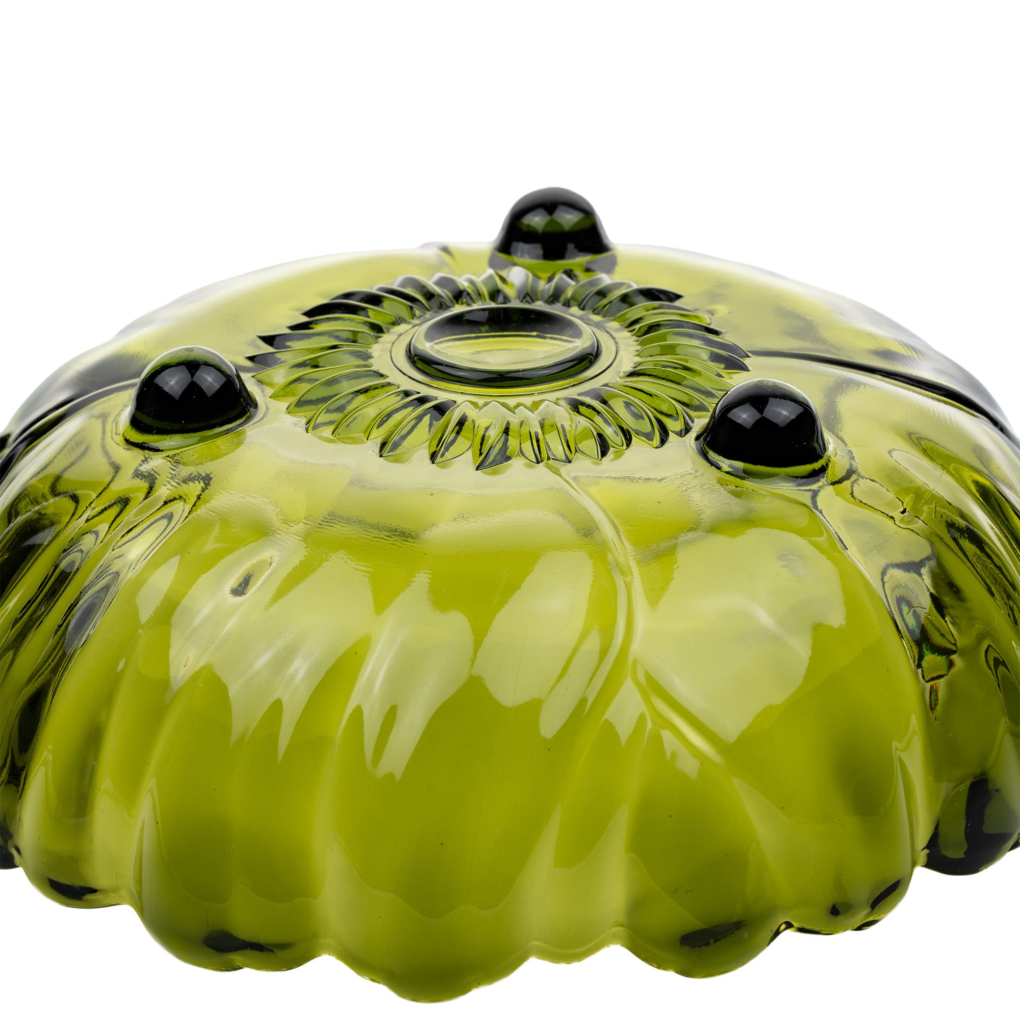Indiana Glass Sunflower Footed Bowl - Olive Green Scalloped Rim