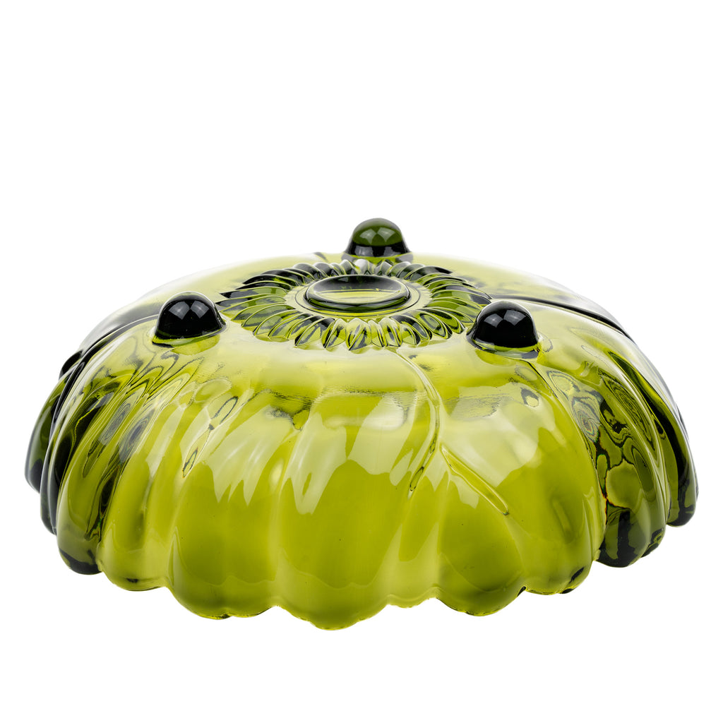 Indiana Glass Sunflower Footed Bowl - Olive Green Scalloped Rim