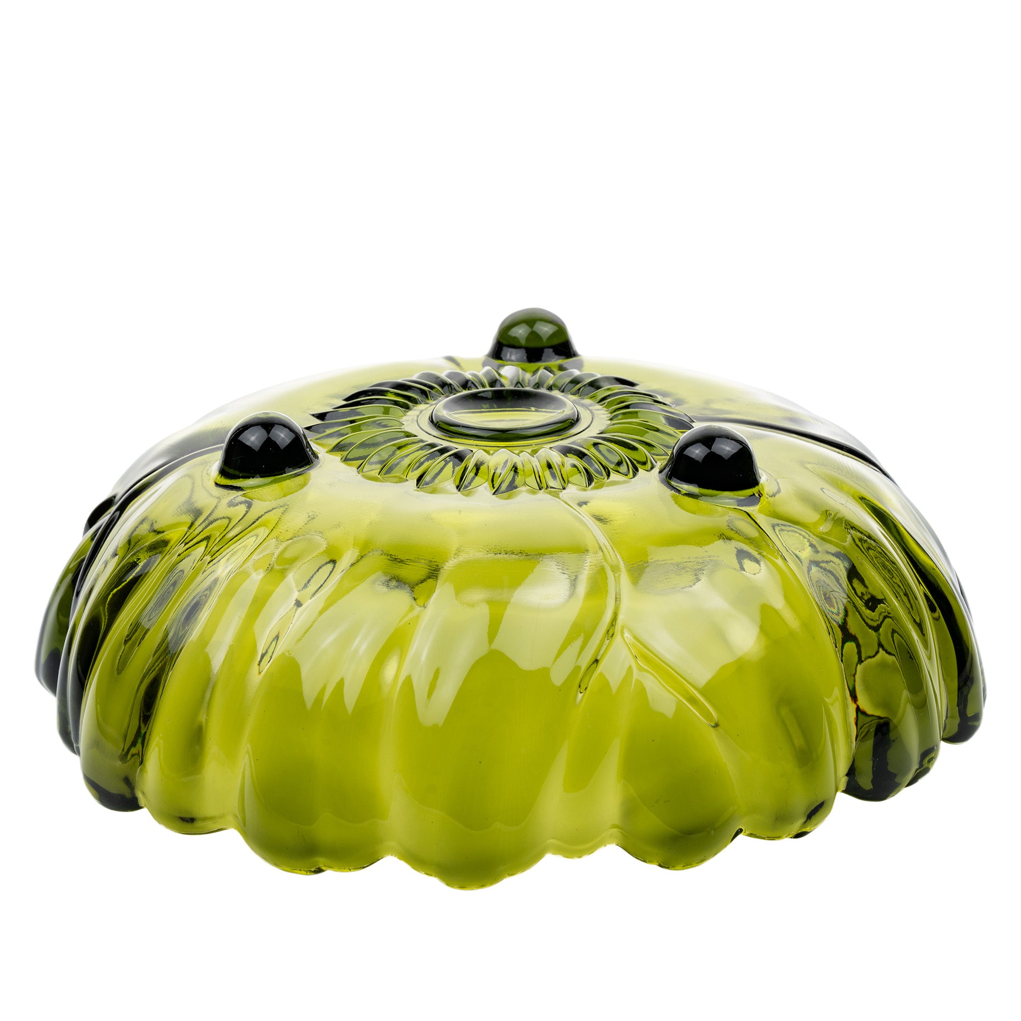 Indiana Glass Sunflower Footed Bowl - Olive Green Scalloped Rim