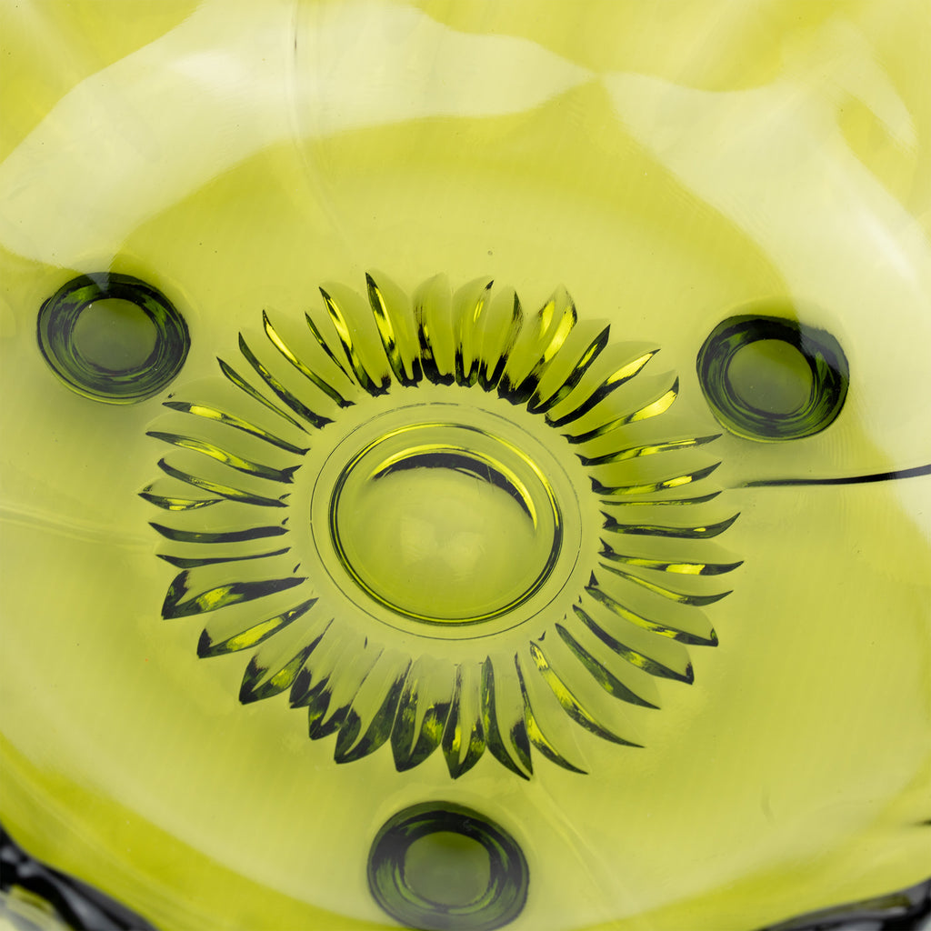 Indiana Glass Sunflower Footed Bowl - Olive Green Scalloped Rim
