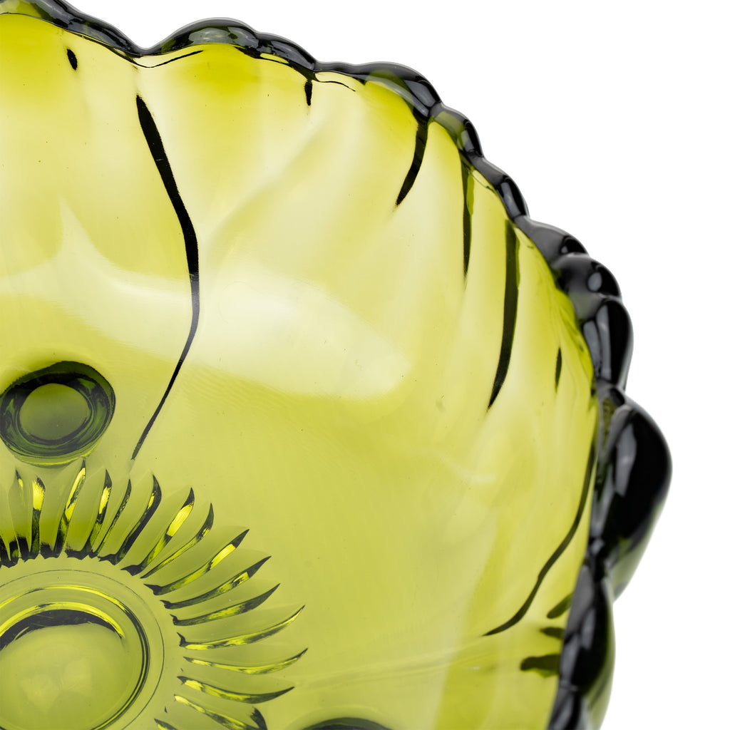 Indiana Glass Sunflower Footed Bowl - Olive Green Scalloped Rim