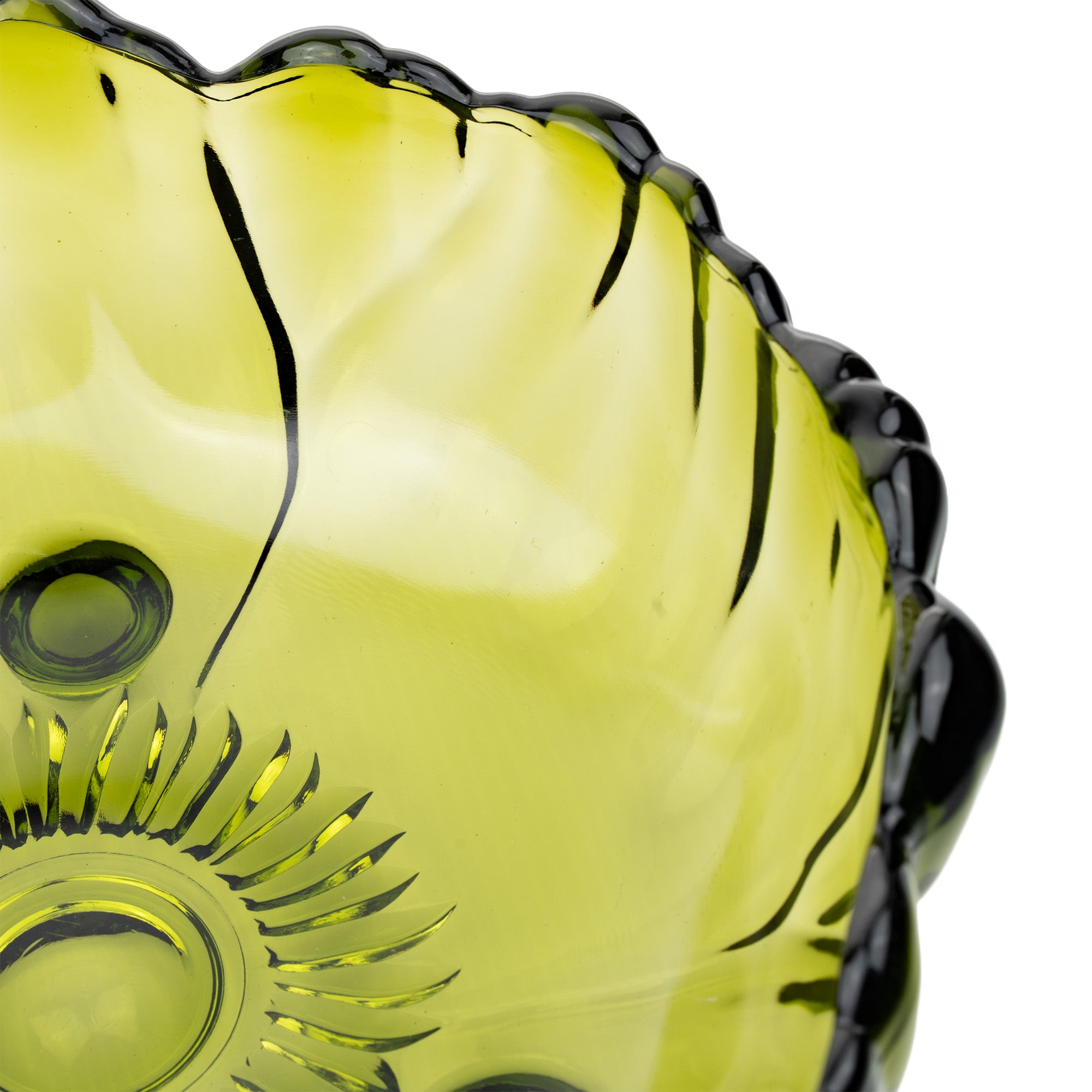 Indiana Glass Sunflower Footed Bowl - Olive Green Scalloped Rim