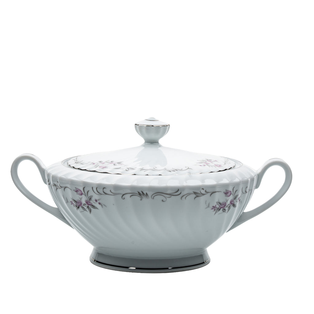 Gold Standard Porcelain Soup Tureen with Lid - Scalloped Pink Rose