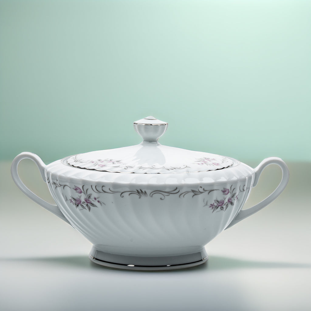 Gold Standard Porcelain Soup Tureen with Lid - Scalloped Pink Rose