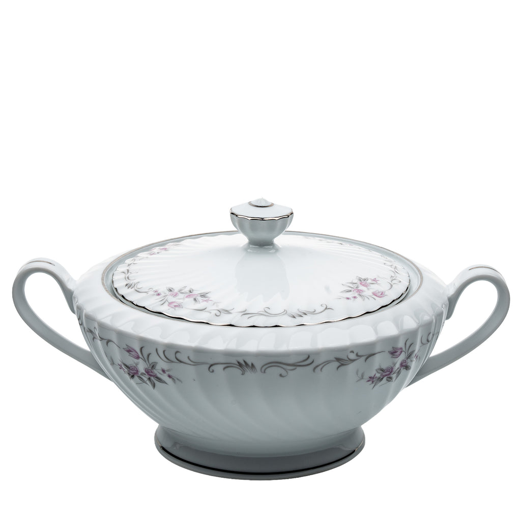 Gold Standard Porcelain Soup Tureen with Lid - Scalloped Pink Rose