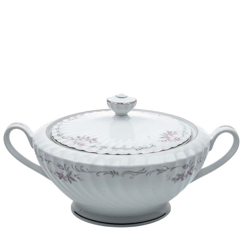Gold Standard Porcelain Soup Tureen with Lid - Scalloped Pink Rose