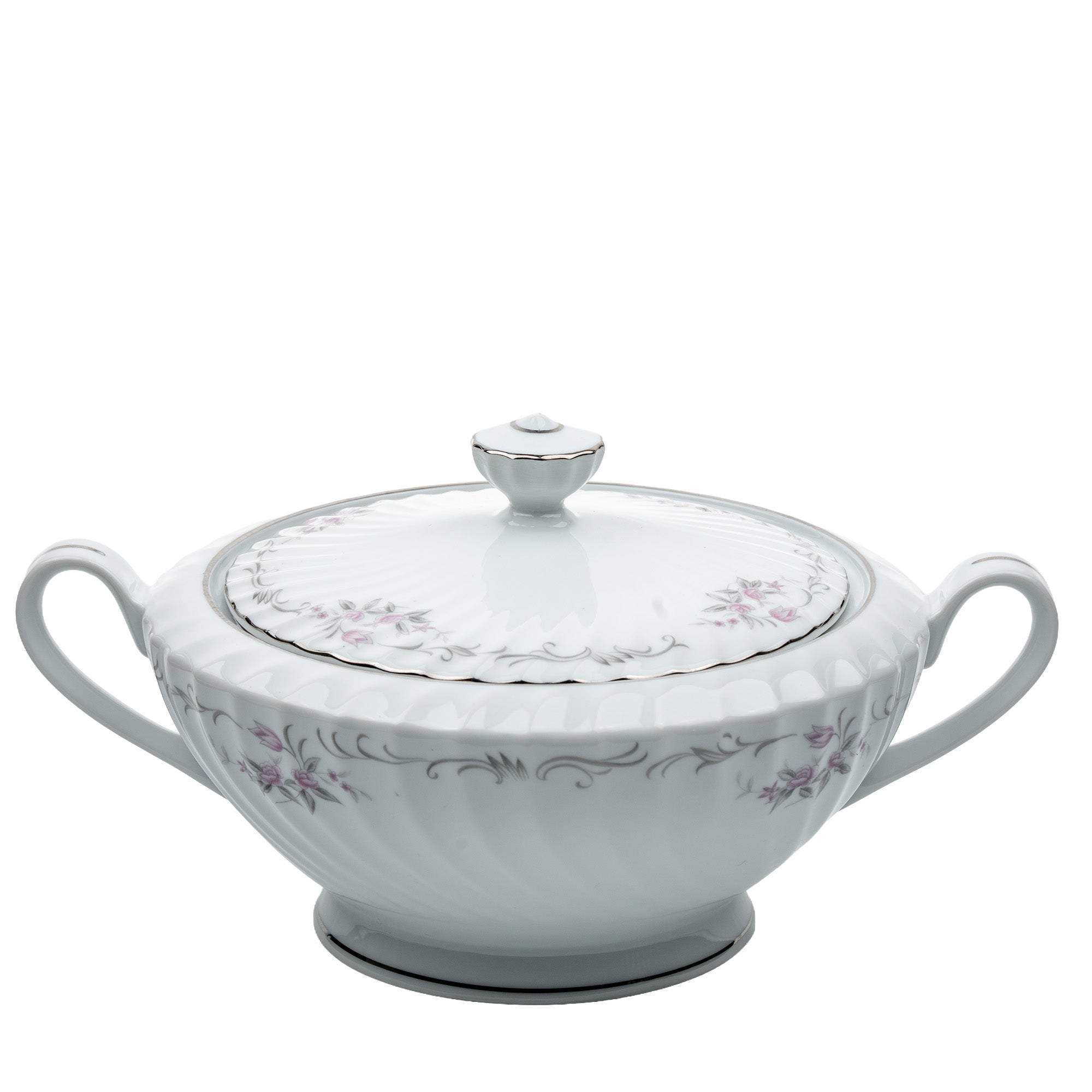Gold Standard Porcelain Soup Tureen with Lid - Scalloped Pink Rose