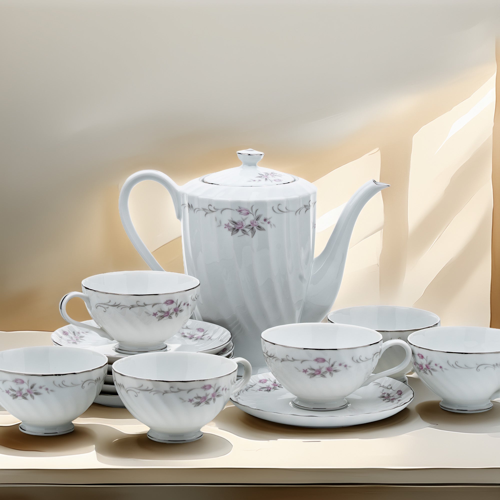 Gold Standard GST1 Porcelain Teapot and Teacup set - Pink Floral and Platinum Trim