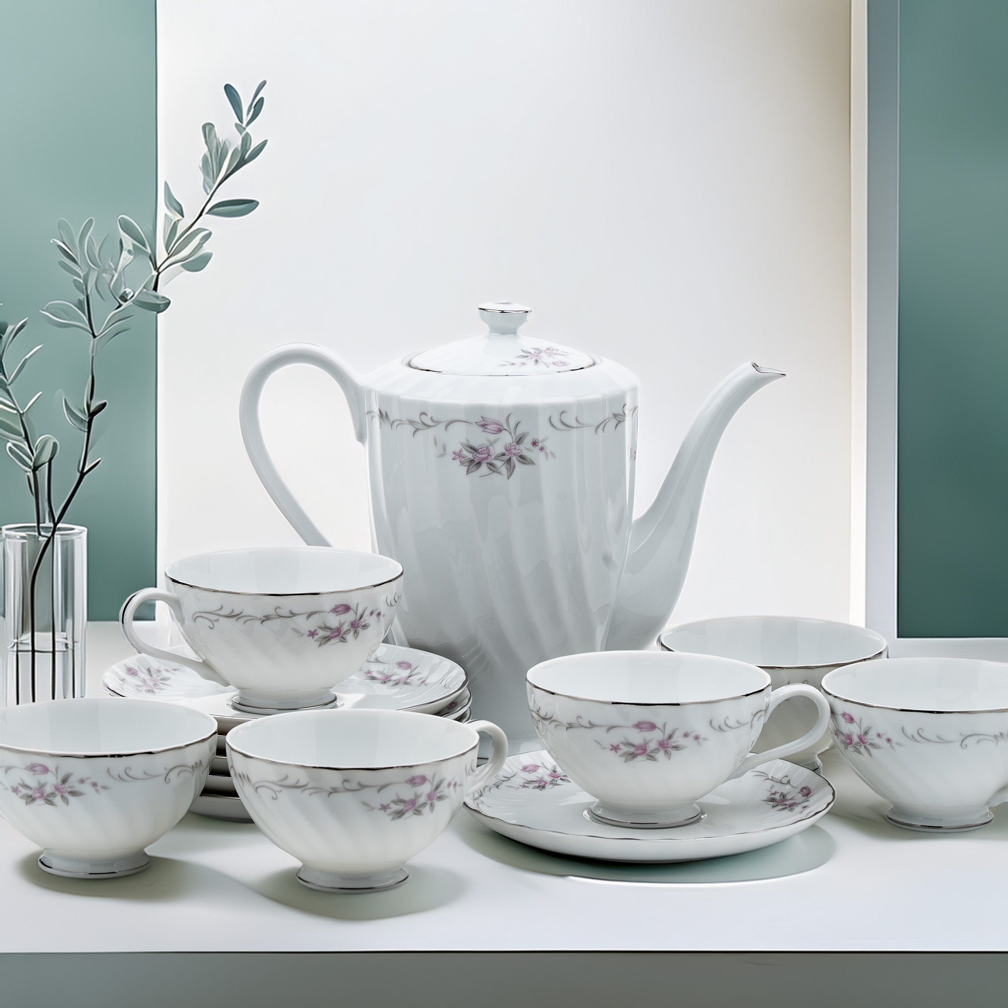 Gold Standard GST1 Porcelain Teapot and Teacup set - Pink Floral and Platinum Trim