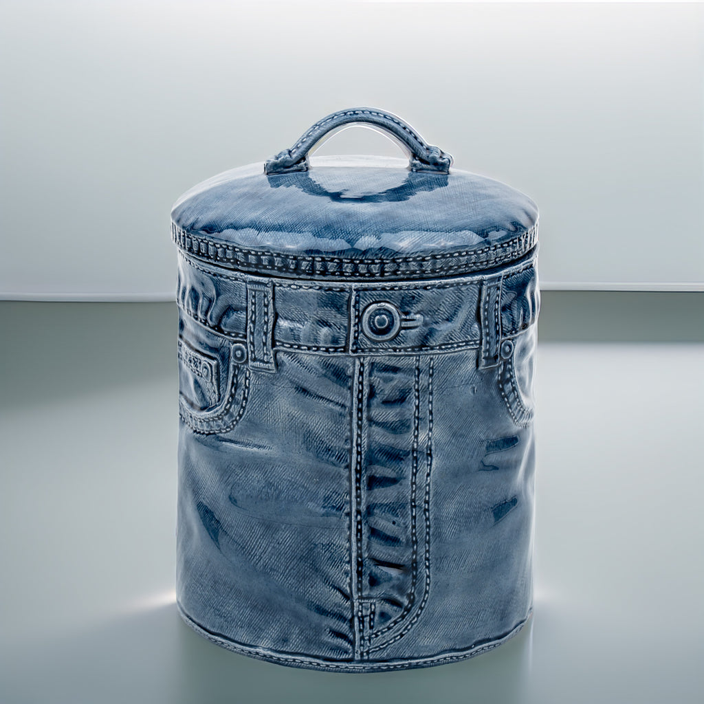 Sittre Ceramic Jeans Cookie Jar Storage Canister - Blue Glazed Novelty Canister