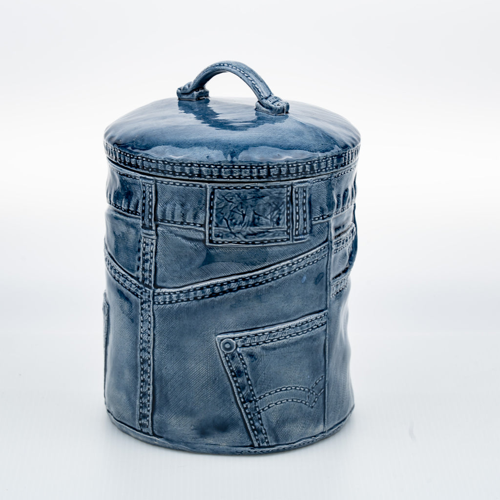Sittre Ceramic Jeans Cookie Jar Storage Canister - Blue Glazed Novelty Canister