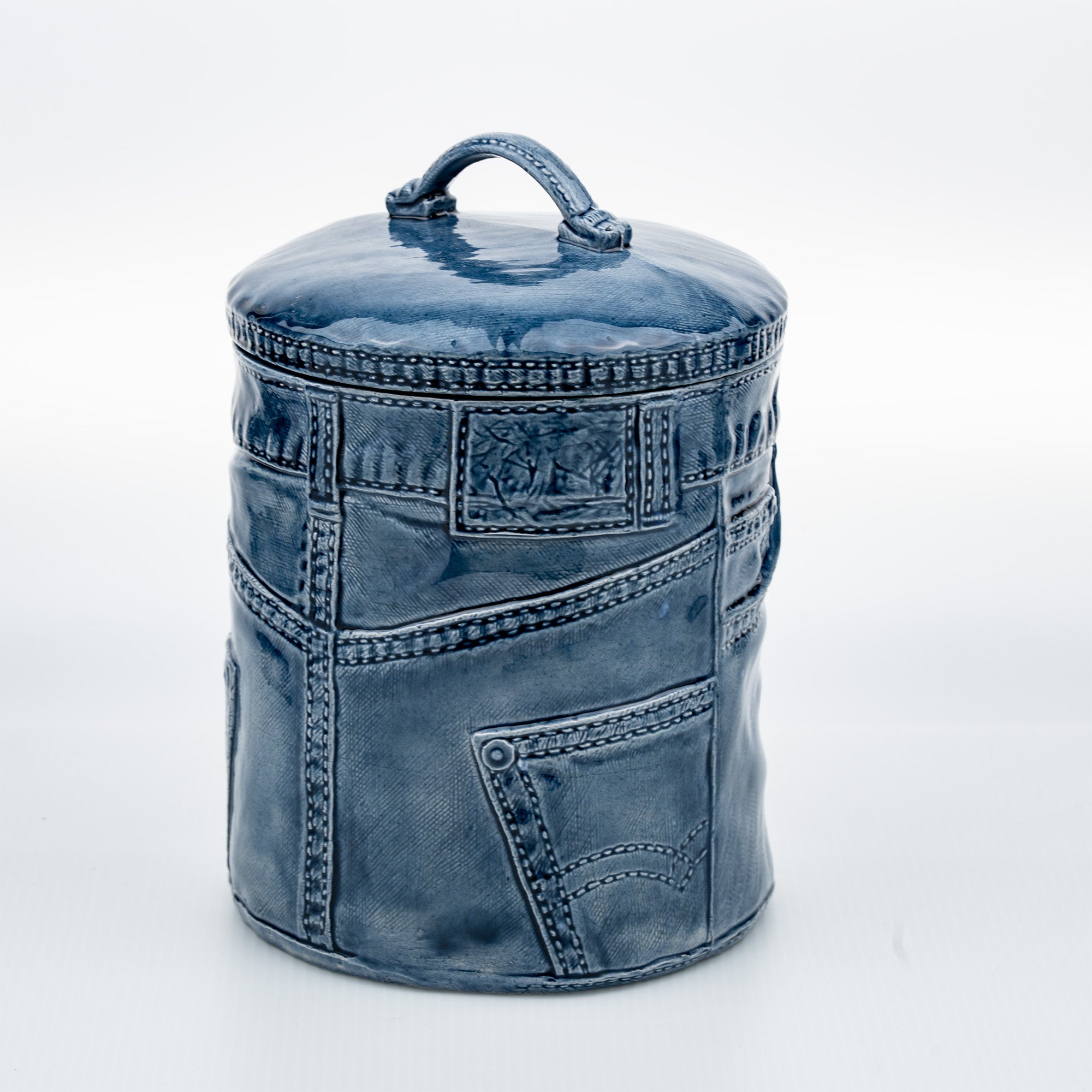Sittre Ceramic Jeans Cookie Jar Storage Canister - Blue Glazed Novelty Canister