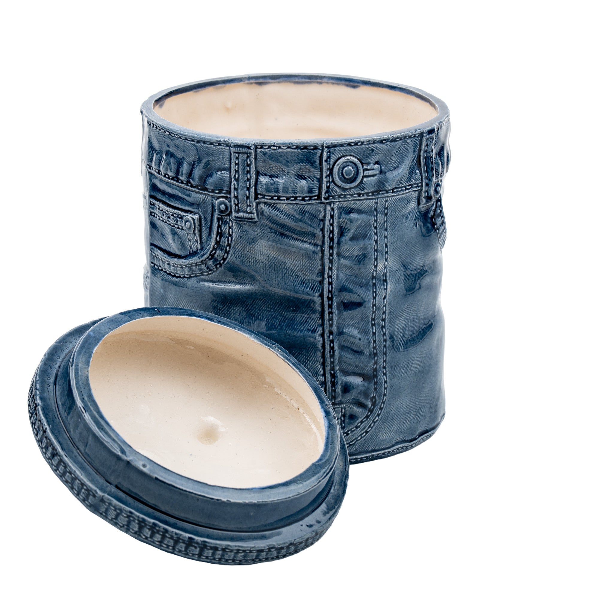 Sittre Ceramic Jeans Cookie Jar Storage Canister - Blue Glazed Novelty Canister