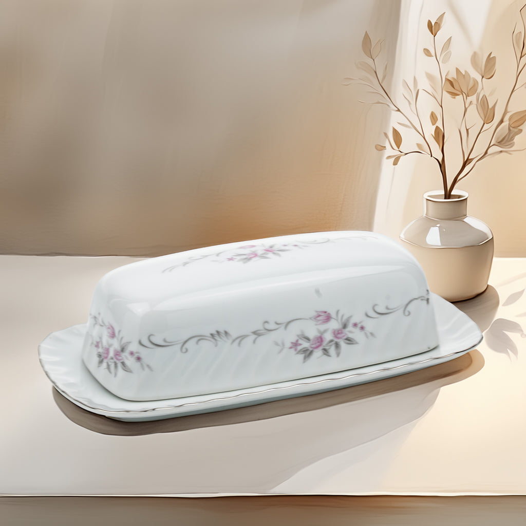 Gold Standard Porcelain Covered Butter Dish - Pink Floral Trim