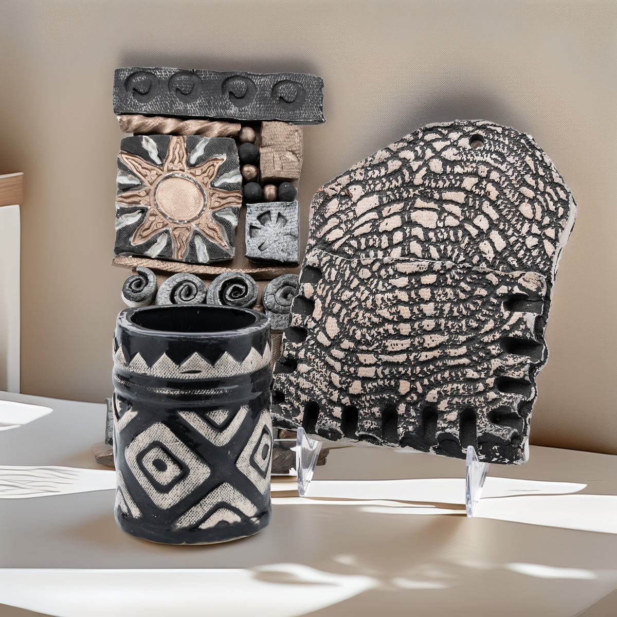 Ceramic Wall Plaque Set by Tyler J - Tribal Geometric Accents
