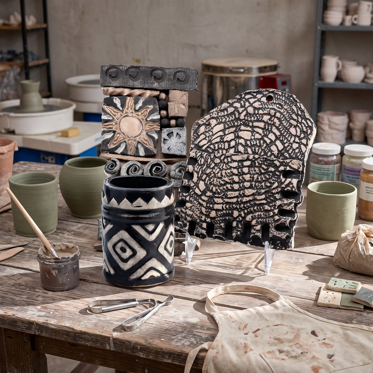 Ceramic Wall Plaque Set by Tyler J - Tribal Geometric Accents