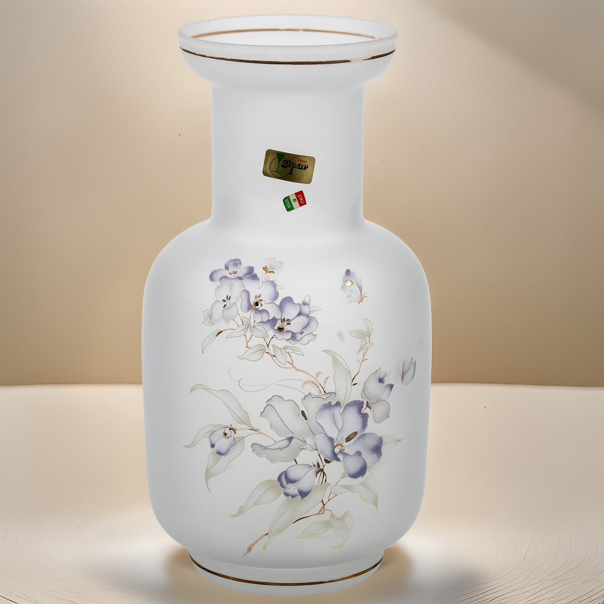 Linea Gipar Frosted Glass Vase - Purple Floral & Gold Trim