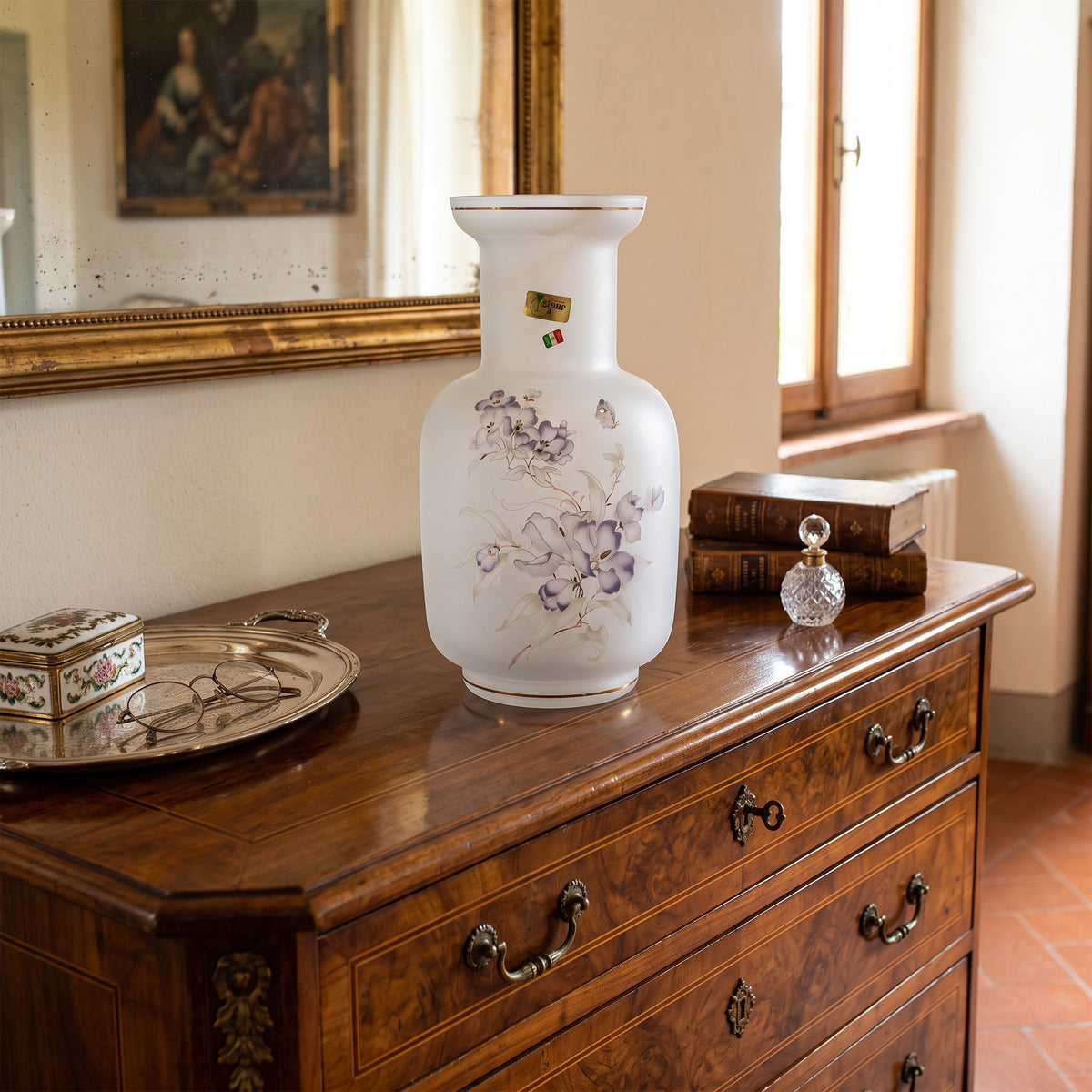 Linea Gipar Frosted Glass Vase - Purple Floral & Gold Trim