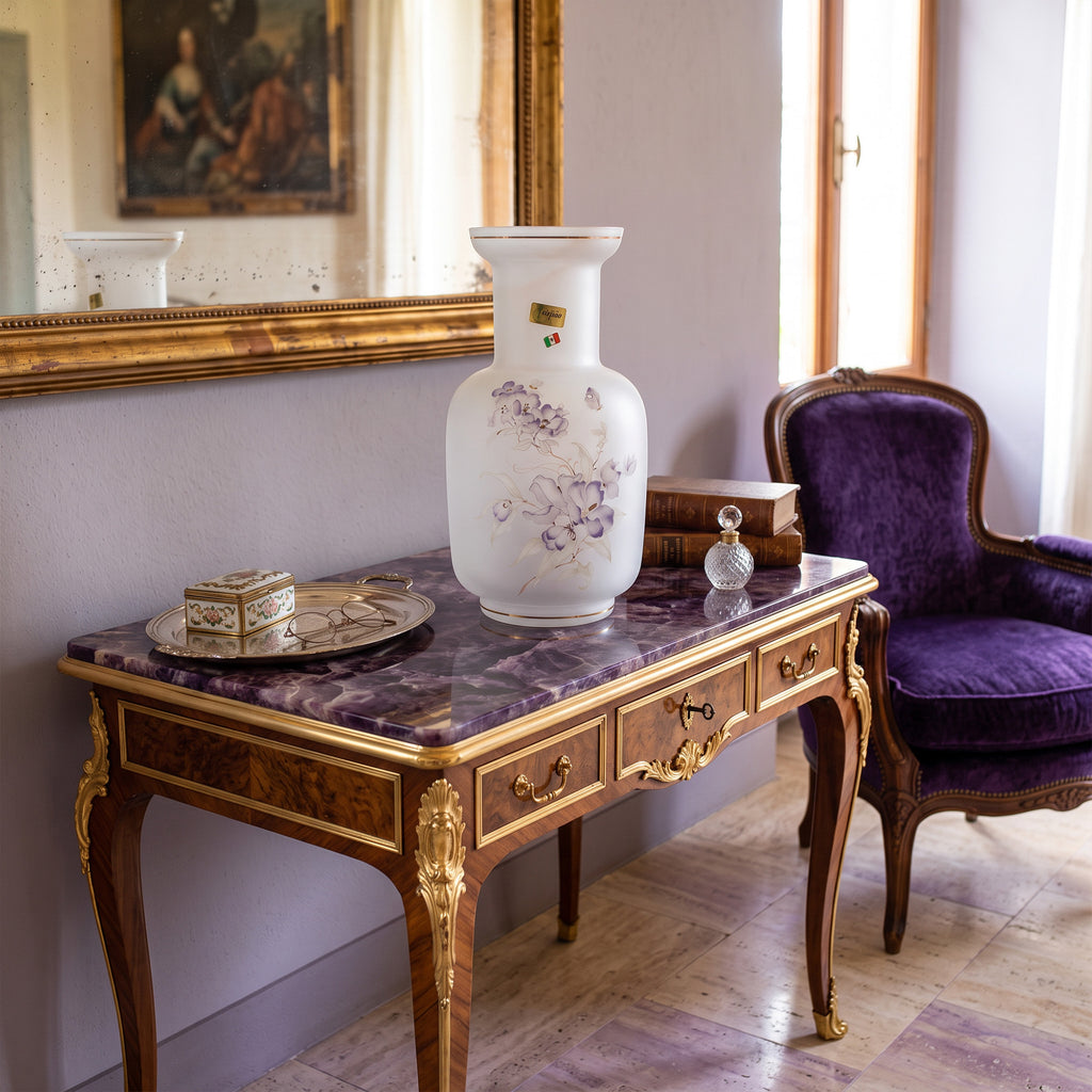 Linea Gipar Frosted Glass Vase - Purple Floral & Gold Trim