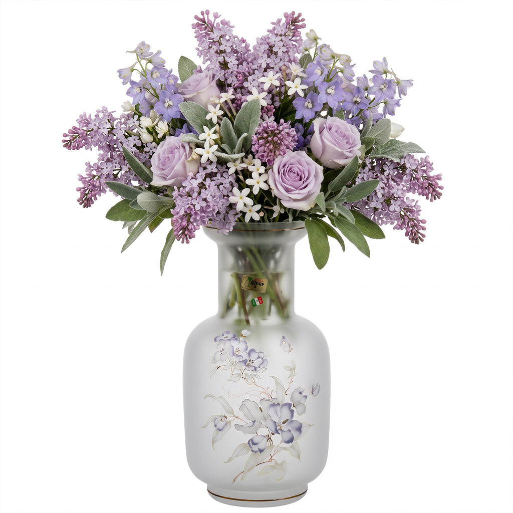 Linea Gipar Frosted Glass Vase - Purple Floral & Gold Trim