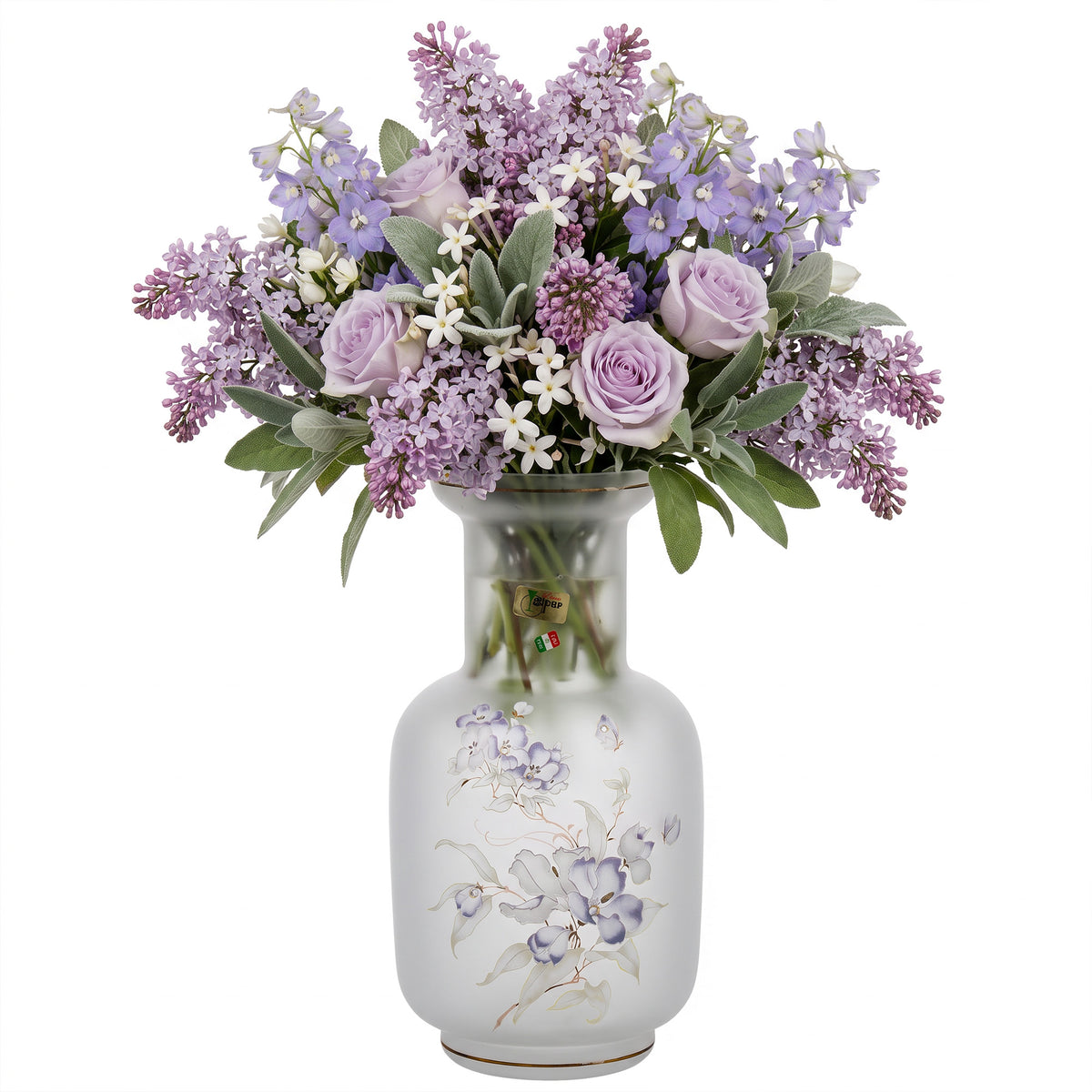 Linea Gipar Frosted Glass Vase - Purple Floral & Gold Trim
