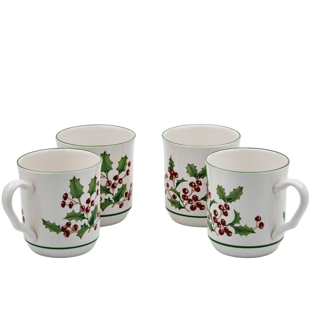 Sango White Christmas Mug Set of 4 - Holly & Berry Holiday Mugs