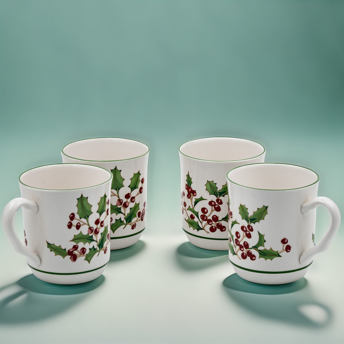 Sango White Christmas Mug Set of 4 - Holly & Berry Holiday Mugs