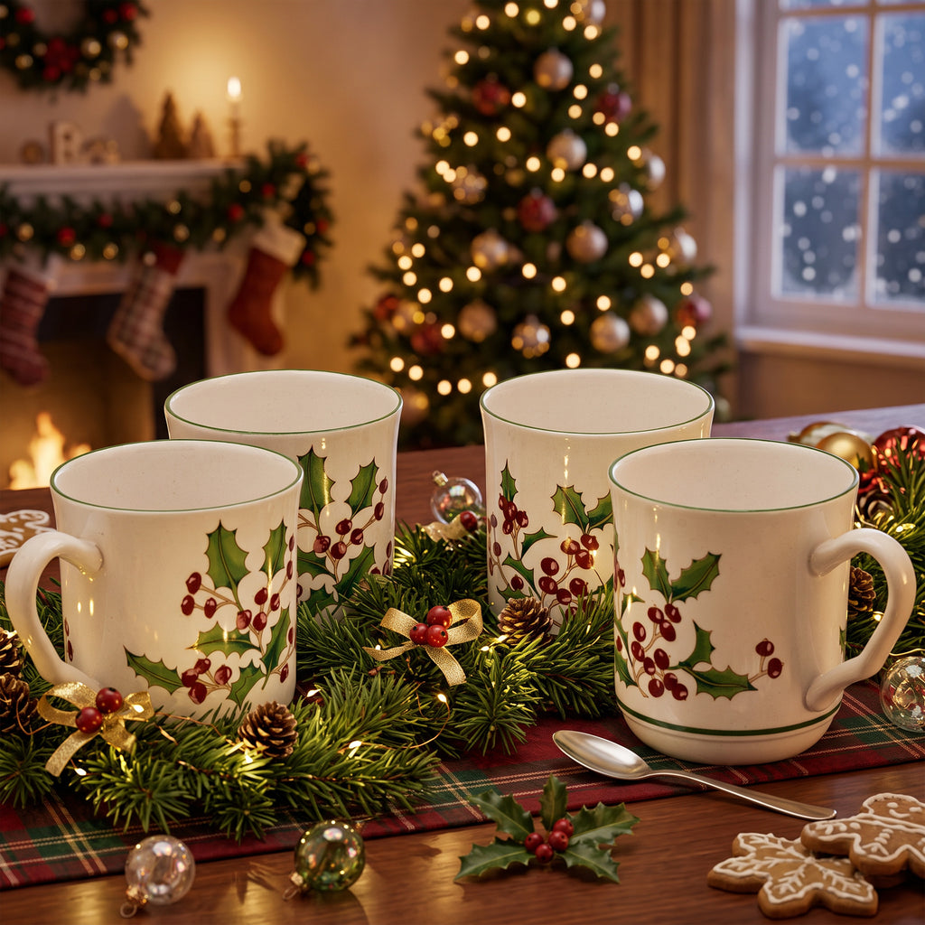 Sango White Christmas Mug Set of 4 - Holly & Berry Holiday Mugs