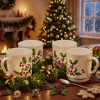 Sango White Christmas Mug Set of 4 - Holly & Berry Holiday Mugs