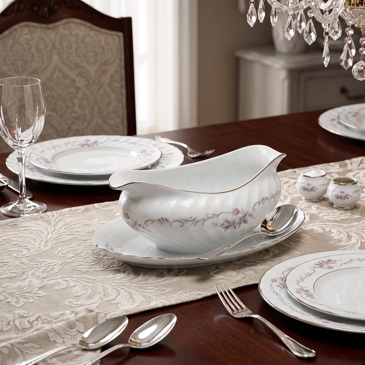 Gold Standard Porcelain Gravy Boat with Underplate - Scalloped Rim