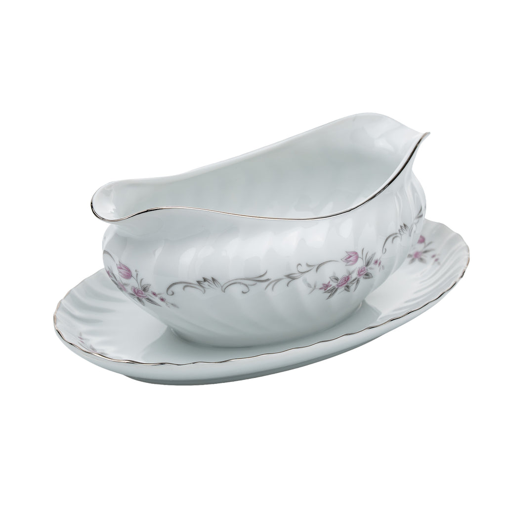 Gold Standard Porcelain Gravy Boat with Underplate - Scalloped Rim