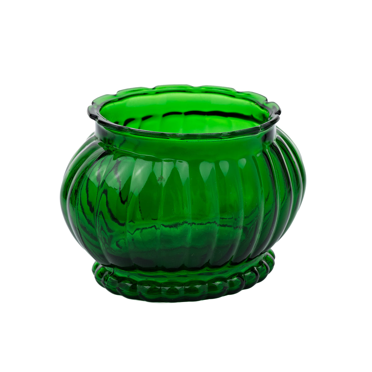A.L.R. Co. Emerald Green Ribbed Glass Planter Bowl - Scalloped Rim