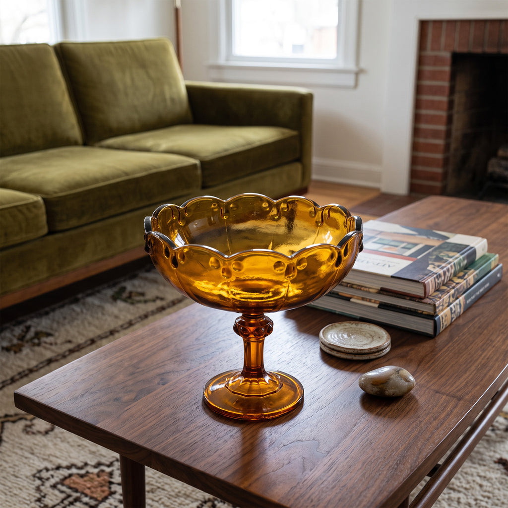 Indiana Glass Teardrop Amber Pedestal Compote Bowl - Scalloped Rim