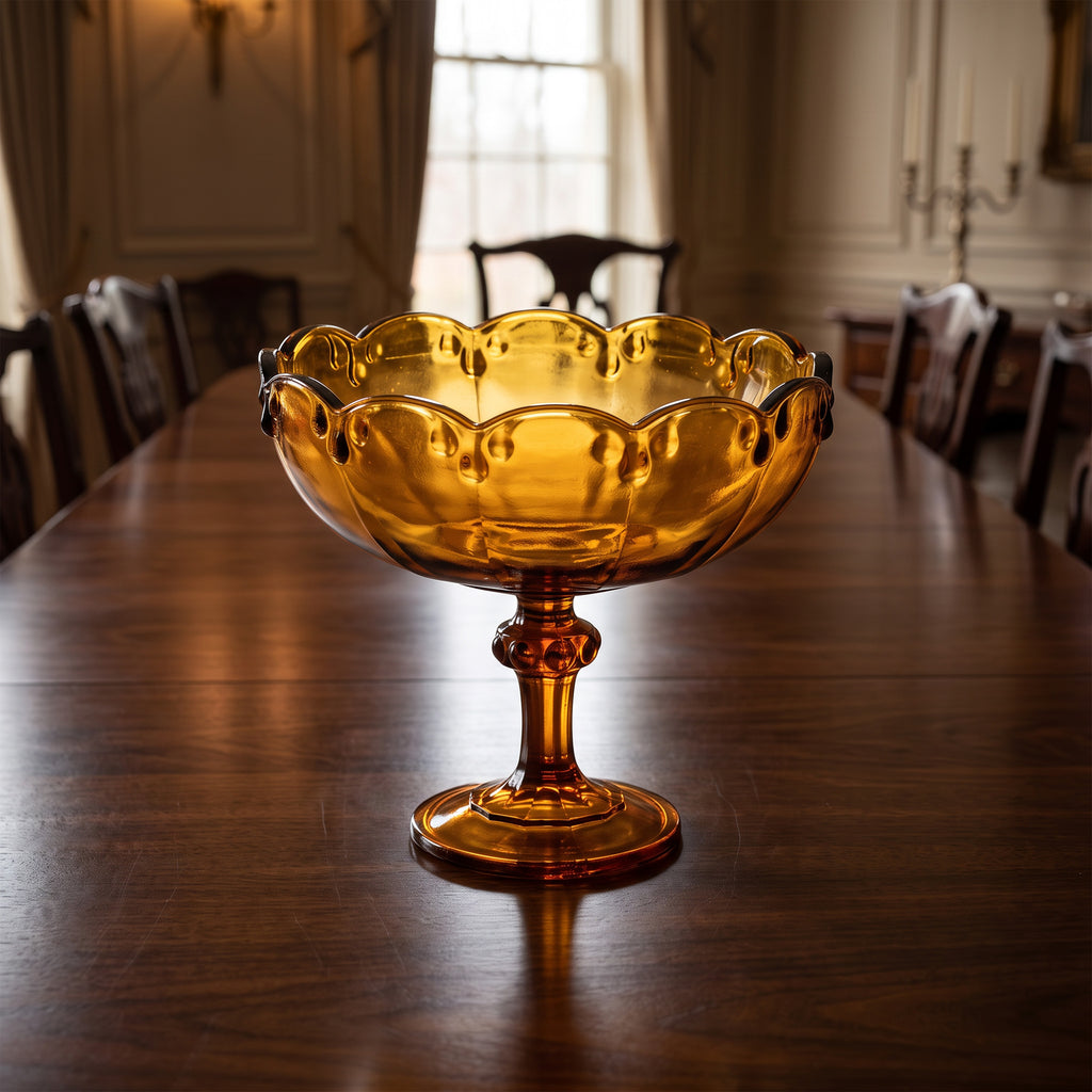 Indiana Glass Teardrop Amber Pedestal Compote Bowl - Scalloped Rim