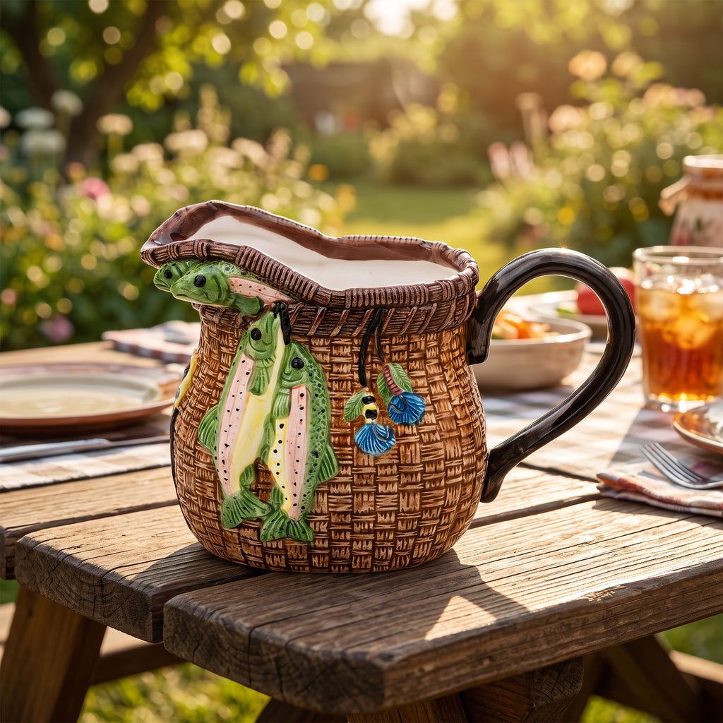 Wang's Fishing Creel and Trout Ceramic Pitcher - Molded Basketweave