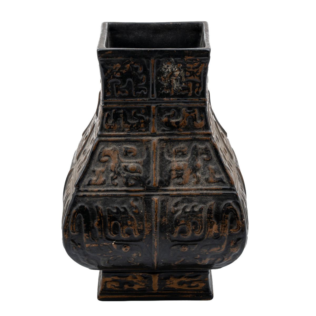 Dobie Square-Section Decorative Vase - Raised Animal and Mask Motifs