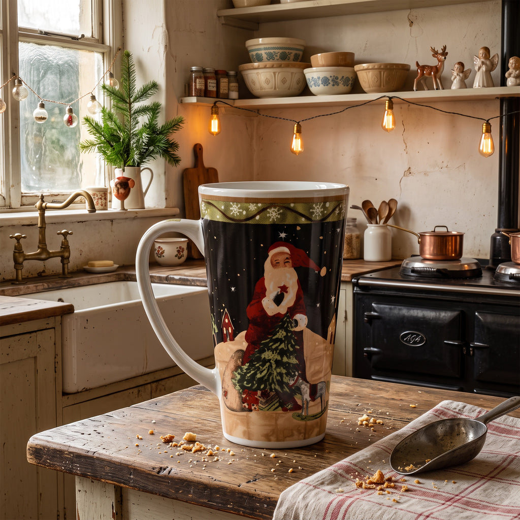 Century Santa Claus Christmas Latte Mug - Green Snowflake Border