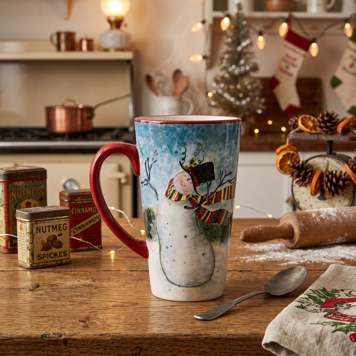Certified International Susan Winget Snowman Latte Mug - Burgundy Rim