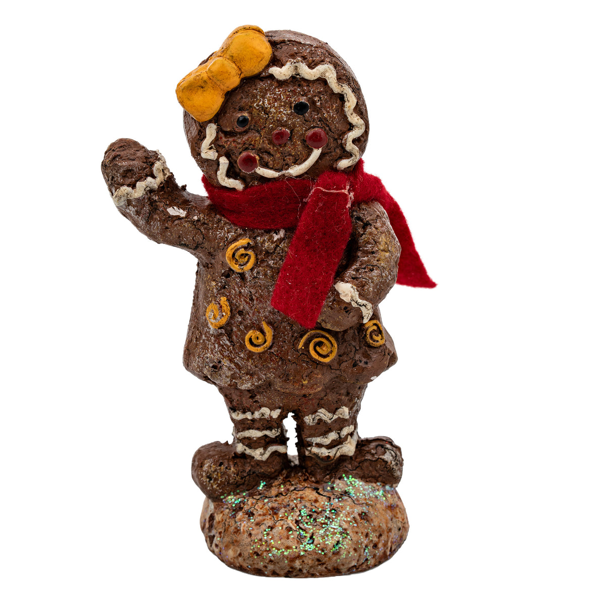 Gingerbread Girl Christmas Figurine - Waving Pose & Red Scarf