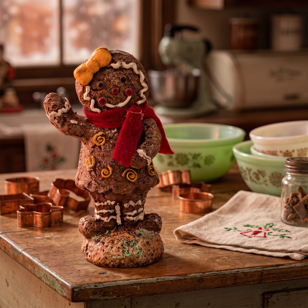 Gingerbread Girl Christmas Figurine - Waving Pose & Red Scarf