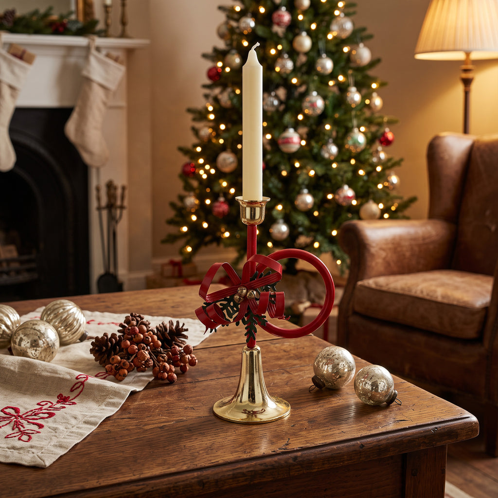 Christmas Horn-Shaped Taper Candle Holder - Bow and Jingle Bells