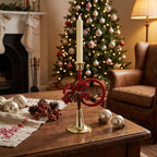 Christmas Horn-Shaped Taper Candle Holder - Bow and Jingle Bells