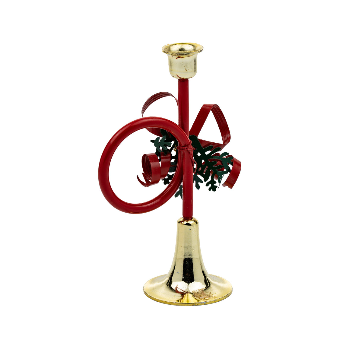 Christmas Horn-Shaped Taper Candle Holder - Bow and Jingle Bells