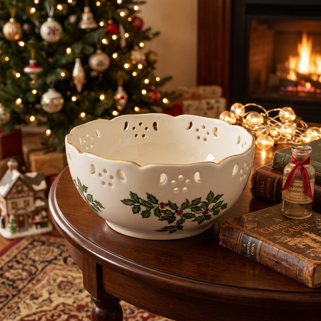 Baum Brothers Formalities Holly (Gold Trim) Pierced Bowl - Scalloped