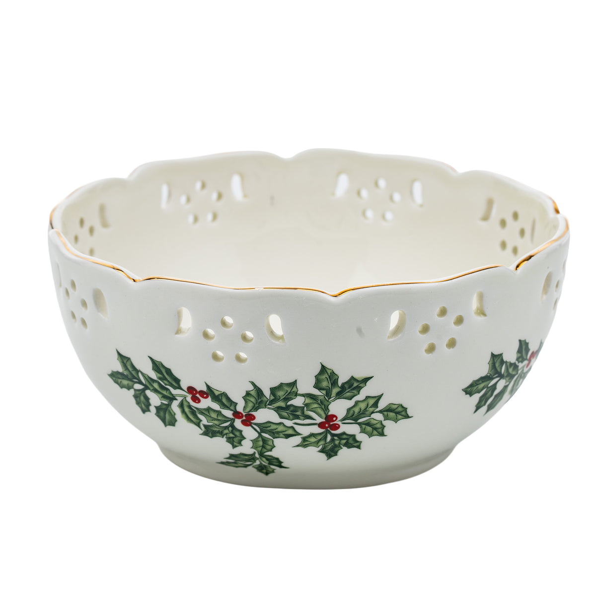 Baum Brothers Formalities Holly (Gold Trim) Pierced Bowl - Scalloped